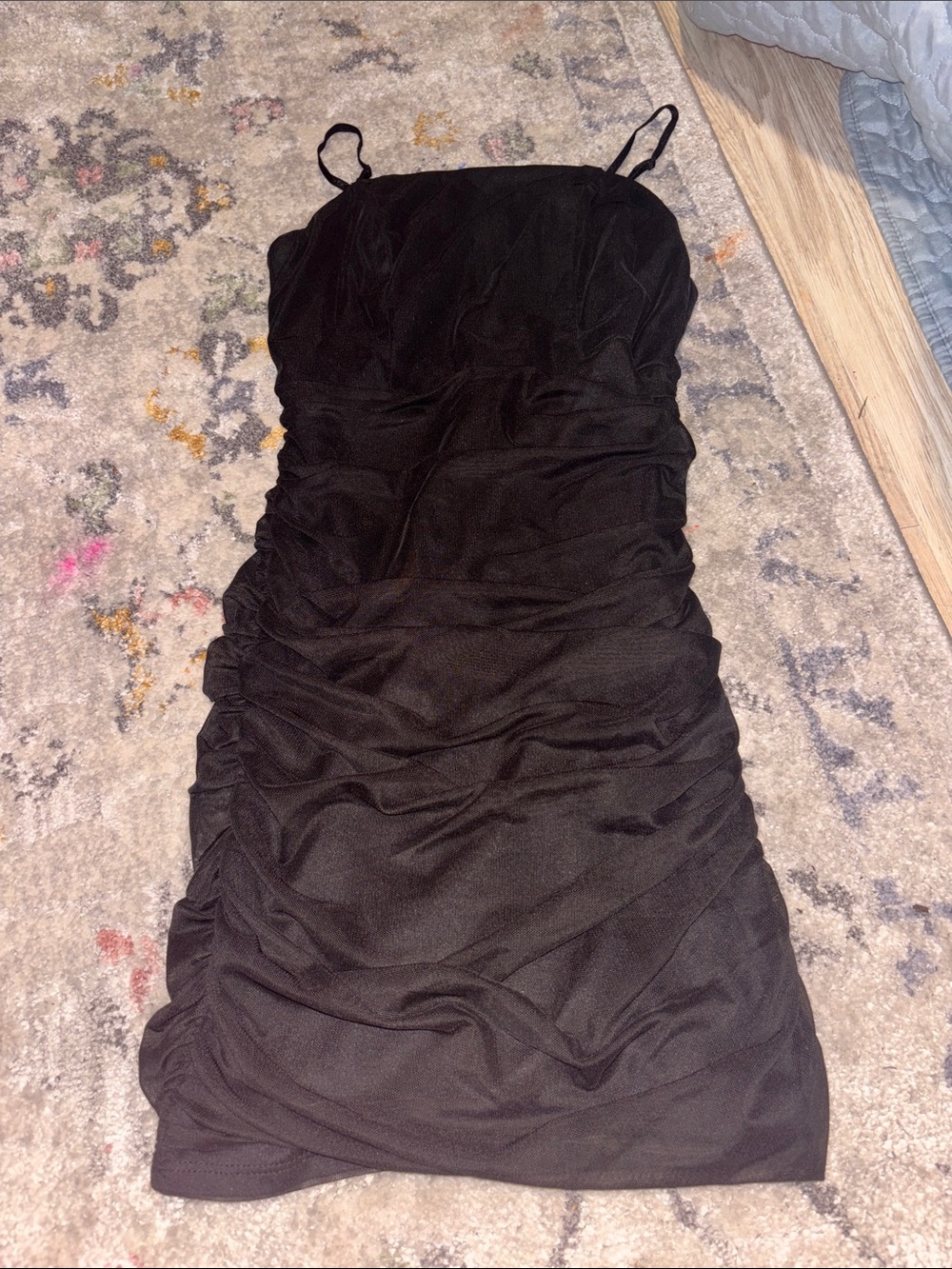 Black Ruched Spaghetti Strap Mini Dress